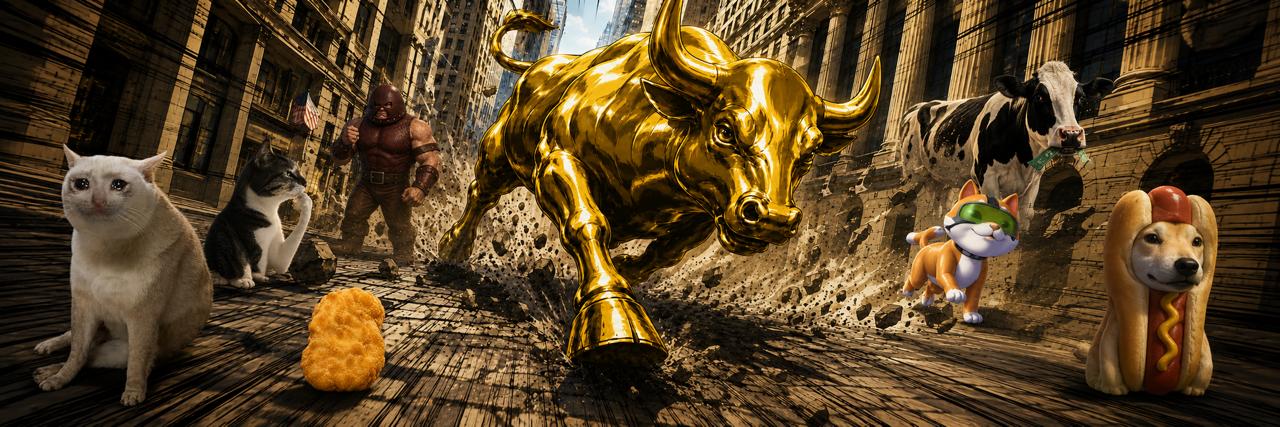 A golden bull charging with the Robinhood Chain meme characters